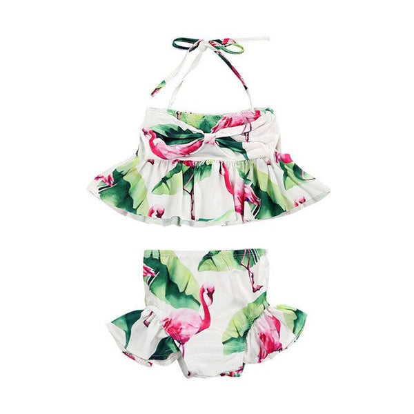 2019 Summer Kids Girl Swimsuit Bikinis Cute Halter Bandage Flamingo Floral Tankini Bikini Set Baby Girls Sweimwear Bathing Suit