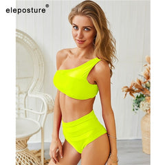 2019 New Sexy Lace Bikinis Women Swimsuit High Waist Bikini Swimwear One Shoulder Bikini Set Solid Bathing Suit Summer Beachwear