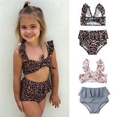 New Kids Girls High Waist Leopard Swimming Bikini Set Mini Baby Ruffle Swimming Costume Swimwear Swimsuit Beachwear