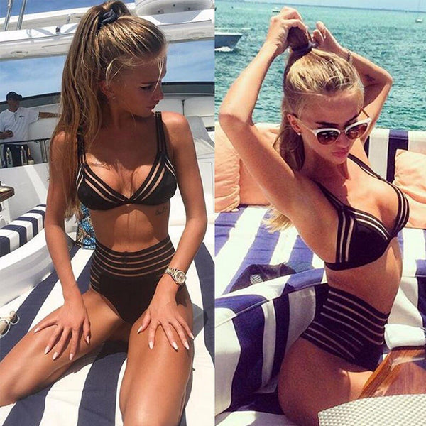 hollow out sexy swimsuit high waisted bikini 2019 solid strip bathing suit women summer swimwear female bandage swimming suit