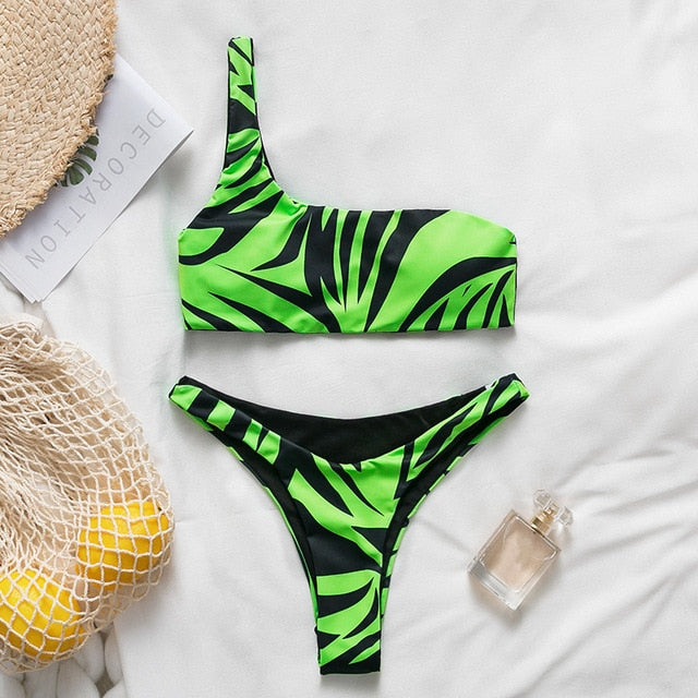 Peachtan One shoulder neon green bikini 2019 micro Bandeau swimwear women bathing suit biquini Summer beachwear Push up swimsuit